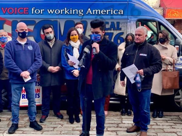 Bargaining Committee member Jordy Vargas speaking at a press conference back in January before voting to unionize.
